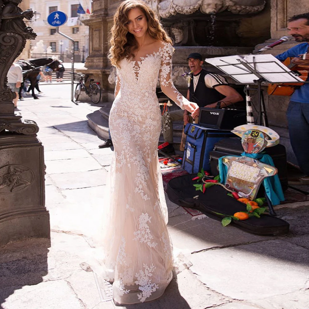 Vestido de Noiva Sereia/свадебные платья русалки с длинными рукавами, сексуальное платье с открытой спиной с аппликацией из тюля