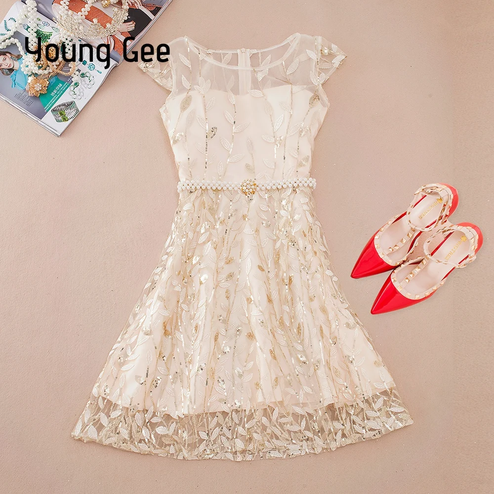 YoungGee Vestidos голубое платье знаменитостей кружевное с блестками и вышивкой