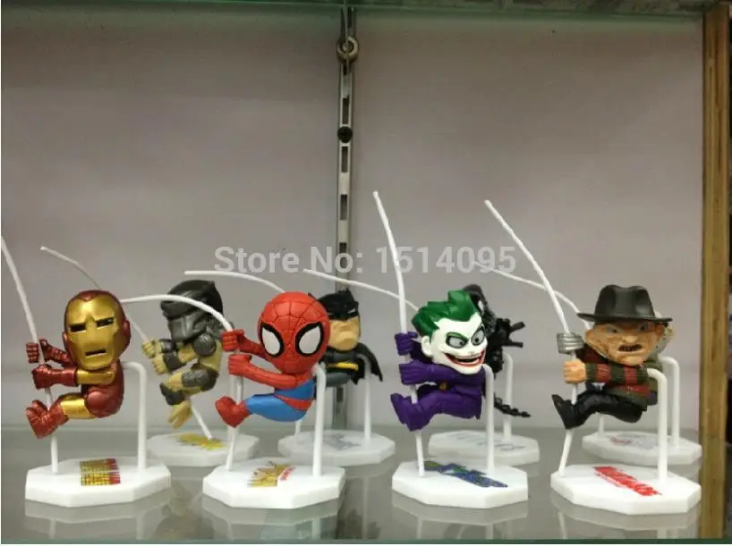 8pcs set Superheroes Q Version Spider man Batman Alien Joker Predators Freddy Jason PVC font b