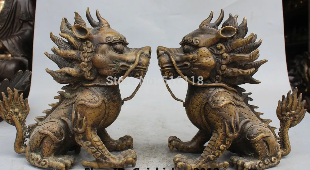 

ff 10" Chinese Fengshui Copper Evil Animal Dragon Qilin Kylin Unicorn Chi-lin Pair