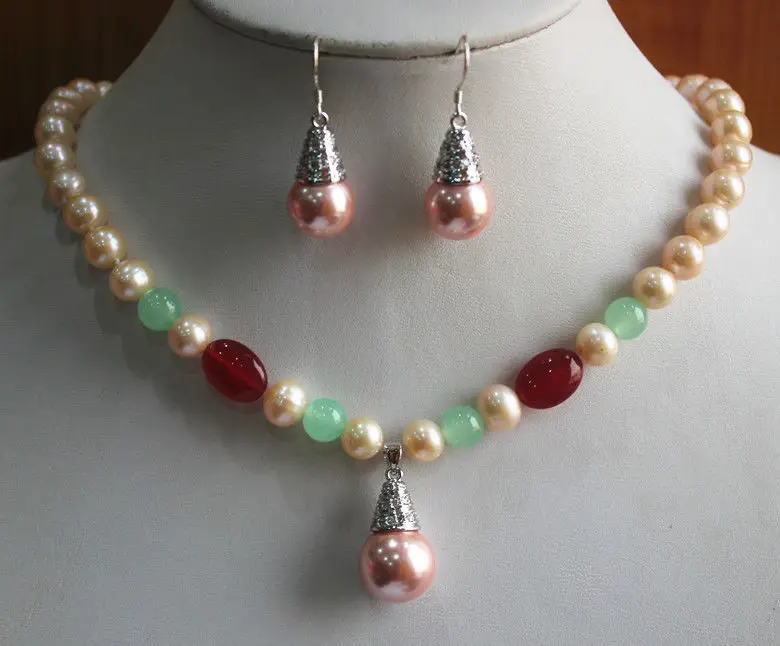 

Free shipping New Design 8mm Mixed Color Shell Pearl/ Necklace Earring Pendant Jewelry Set AAA style Fine Noble real Natural