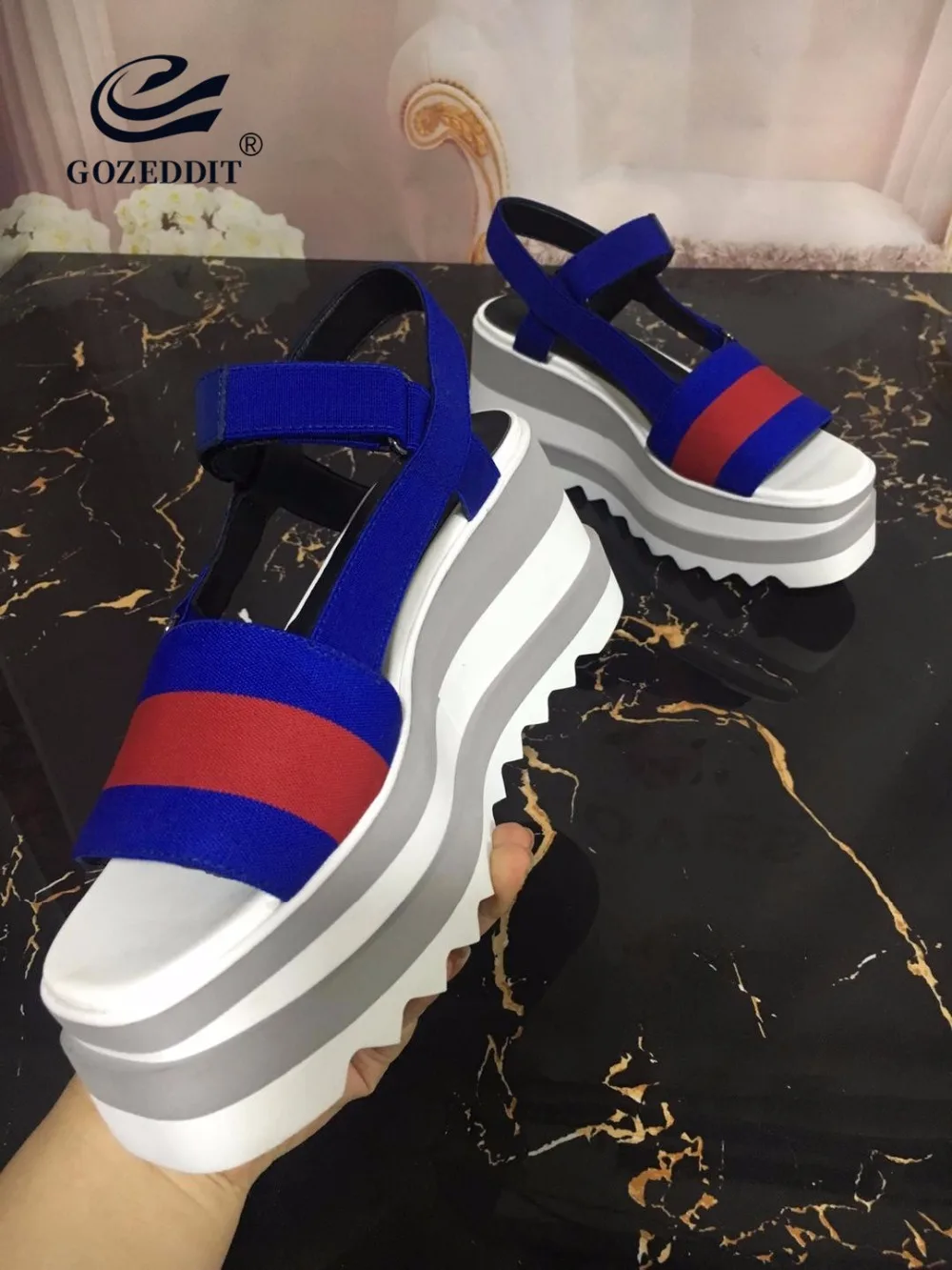 

GOZEDDIT 2019 Summer New Arrivals Women Heeled Sandals 8cm Wedges Genuine Leather Hook & Lopp Ankle-wrap