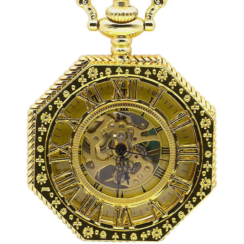 Роскошные шестиугольные черный аналоговый Римский номер карманные часы цепочки и ожерелья Кулон стимпанк Механический Золото карманные