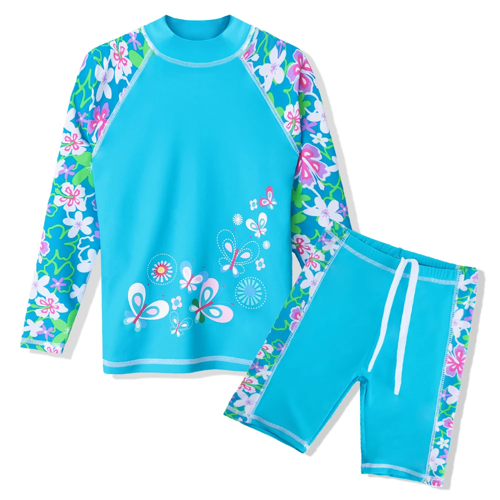 Girls Swimsuit Kids One Piece Swimwear Flower Pattern Long Sleeves