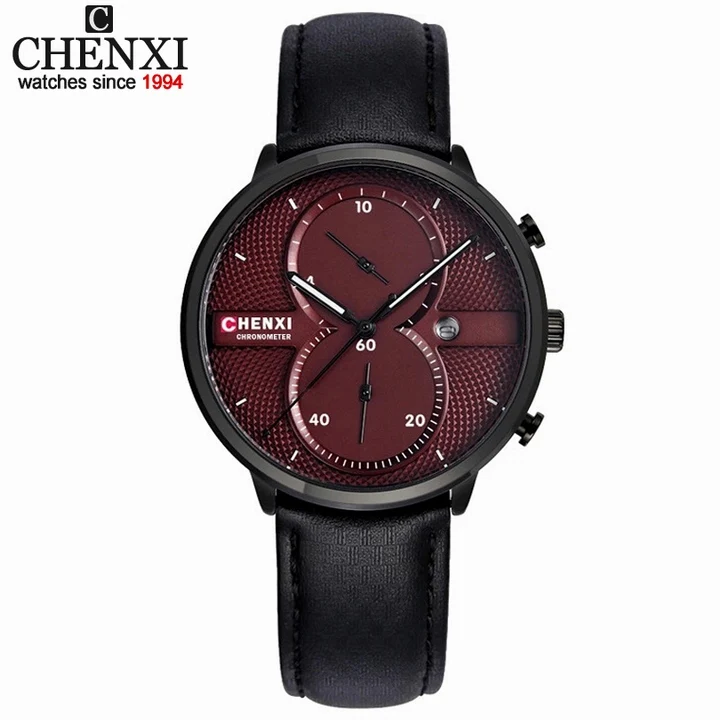 CHENXI мужские наручные часы с кожаным ремешком, многофункциональные кварцевые часы с дисплеем даты, мужские часы, топ класса люкс, брендовые качественные часы - Цвет: Black   Red Dial