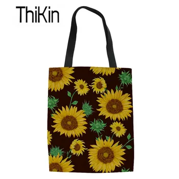 

THIKIN Sunflowers Printing Ladies Canvas Tote Bag Shopping Bags for Women Females Recycle Eco Bags Large Capacity Book Bags