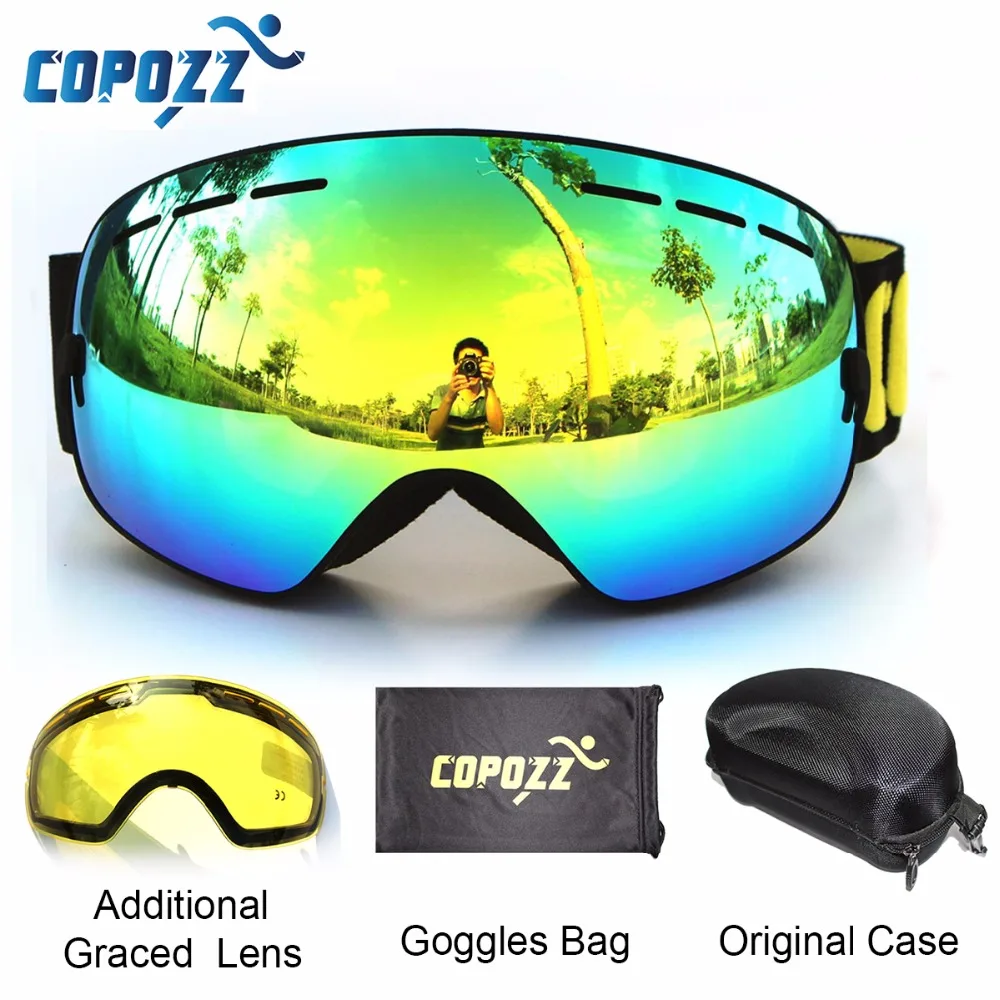COPOZZ brand ski goggles 2 double lens anti-fog UV400 big large spherical snowboard glasses men women skiing snow goggles Set