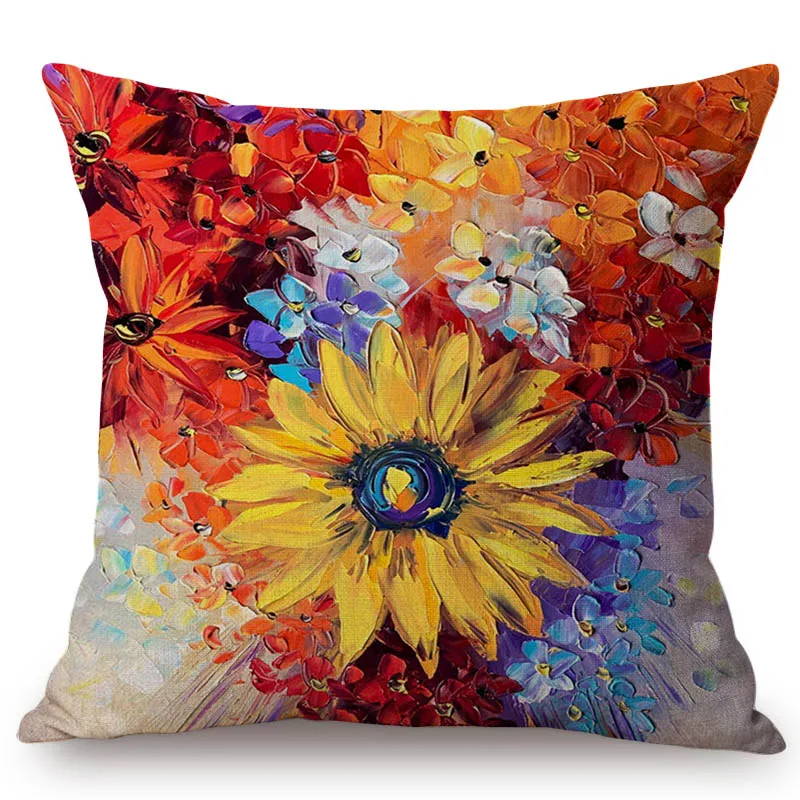 

Sunflower Oil Painting hydrangea Summer Lily Wild Flowers Oil Painting Decoration Throw Pillow Case Linen Sofa Cushion Cover