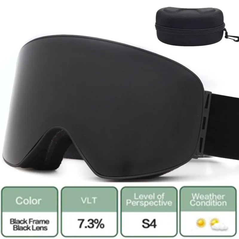 Лыжные очки большого видения цилиндрические двухслойные противотуманные линзы фотохромные UV400 Лыжные маски сноуборд очки с коробкой - Цвет: Черный