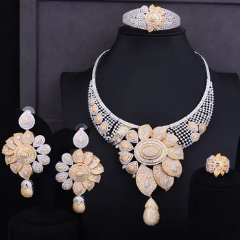 

GODKI 101mm Famous Brand Super Luxury Flower Leaf Women Wedding Cubic Zirconia Lariat Necklace Earring Bangle Ring Jewelry Set