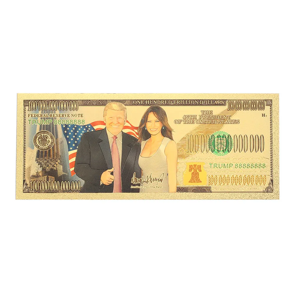 Позолоченные банкноты «Дональд Трамп» и «Первая леди», позолоченные банкноты, 24 K, 10 млрд долларов США, Трамп