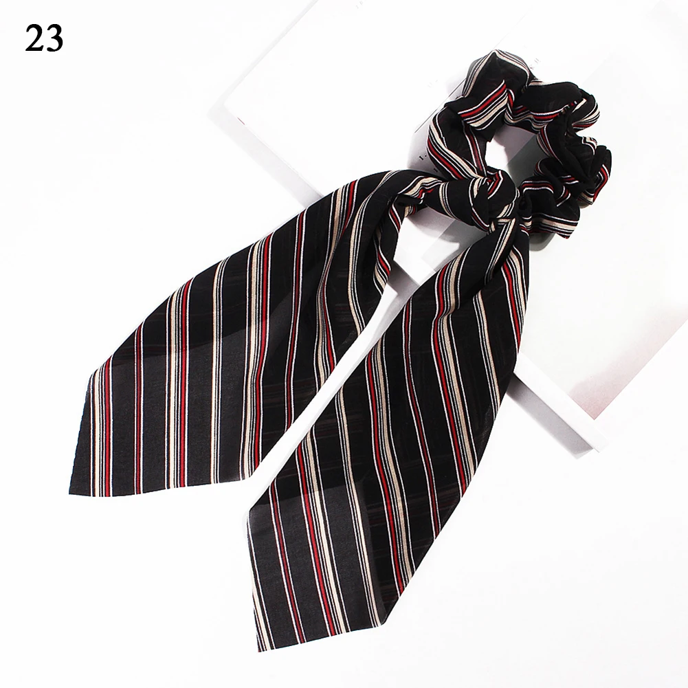 DIY Solid/Floral Print Bow Satin Long Ribbon Ponytail Scarf Hair Tie Scrunchies Women Girls Elastic Hair Bands Hair Accessories - Цвет: A23