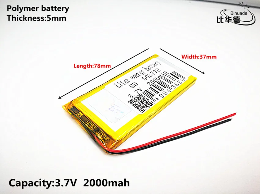 Хорошего качества 3,7 V, 2000 mAH, 503778 полимерный литий-ионный/литий-ионный аккумулятор для игрушки, POWER BANK, gps, mp3, mp4