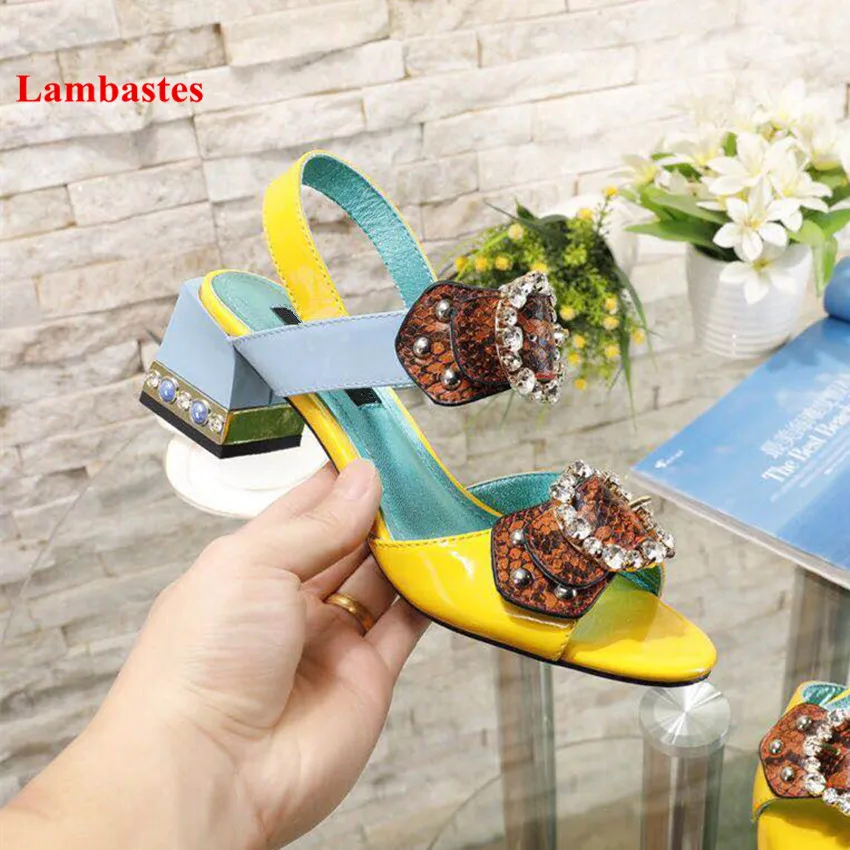

2019 Hot Summer Women Sandals Yellow Belt Buckle Designer Crystal Peep Toe Women Sandals High Heel Gladiator Casual Shoes Women