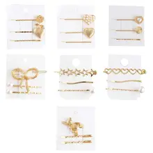 Минималистичные женские Металлические Блестящие золотистые волнистые заколки для волос с милым медведем, выдалбливают бант, заколки в форме сердца, заколки с искусственным жемчугом, стильные заколки