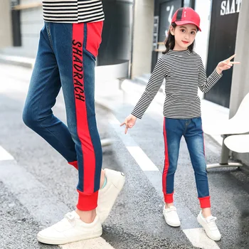 

Girls Trousers 4-12 Years Spring Autumn Jeans Denim Patchwork Pants Casual Fashion Red Stripe Elastic Waist Full Length Trousers