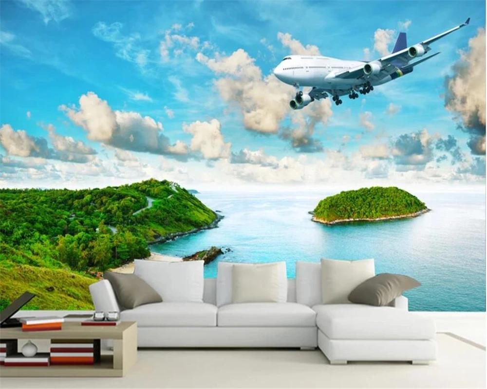 

Beibehang Modern Home Background Wall 3d Wallpaper Seaside Island Tropical Rainforest Airplane Photo Mural Wallpaper tapety
