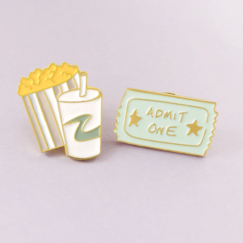 

Movie Ticket Popcorn Cola Food Drink Brooches Enamel Pins Lapel pin Denim Shirt bag Collar Fun Jewelry Gift for Friends Spille