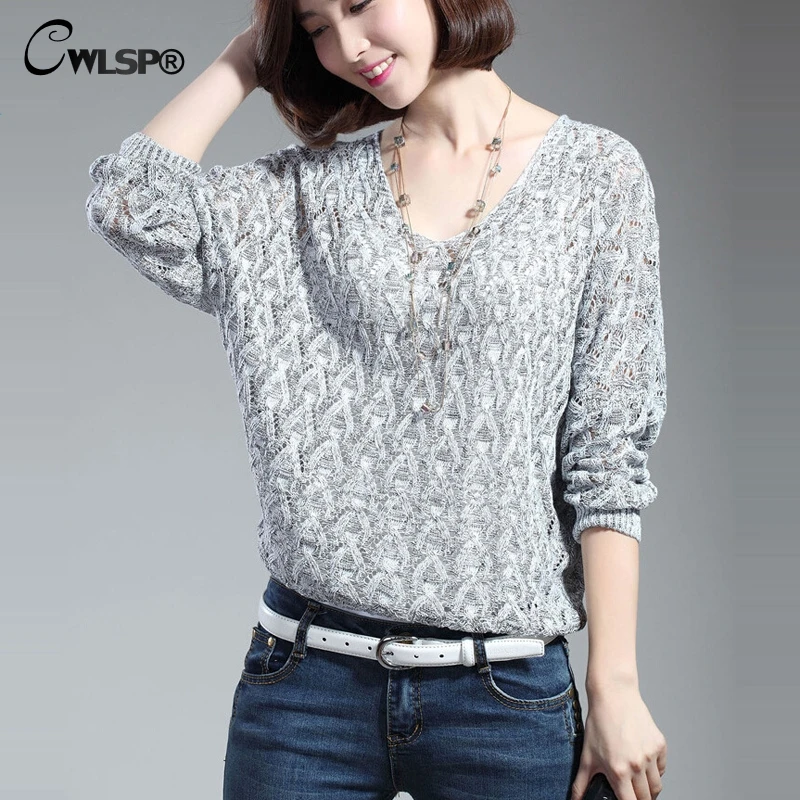 

CWLSP 2017 Autumn Solid Casual Knitted Thin Hollow Out Women Sweater Plus Size Loose V-Neck Long Sleeve Pullovers QZ2272