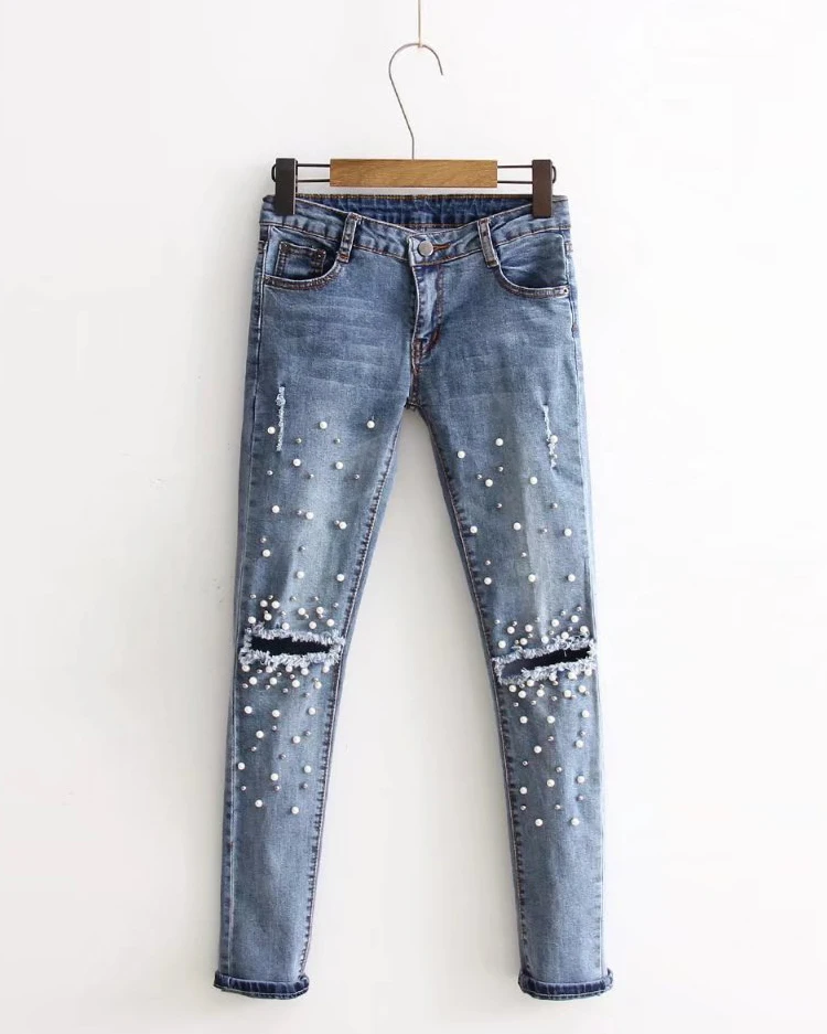 WICCON рваные джинсы до колена женские штаны-карандаш стрейч из денима повседневные облегающие джинсы с заклепками и жемчугом милые осенние длинные брюки