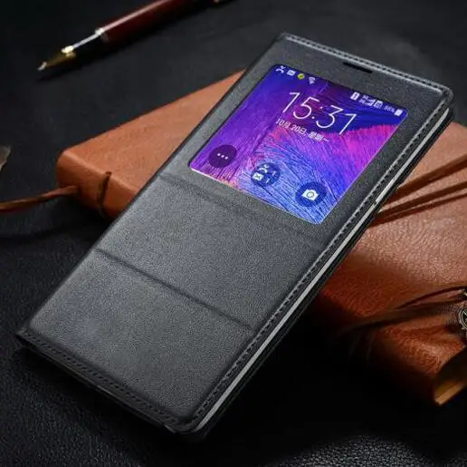 

FGHGF Note4 chip smart Case free answer Cover For Samsung Galaxy Note4 N9100 N9108 Leather Flip Cases Luxury Front Window View