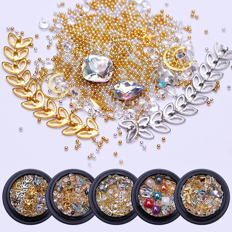 

1 Box AB Color Rhinestone Mixed Size Beads Sharp Bottom Gold Silver Chain 3D Nail Art Decoration Manicure DIY Design Manicure