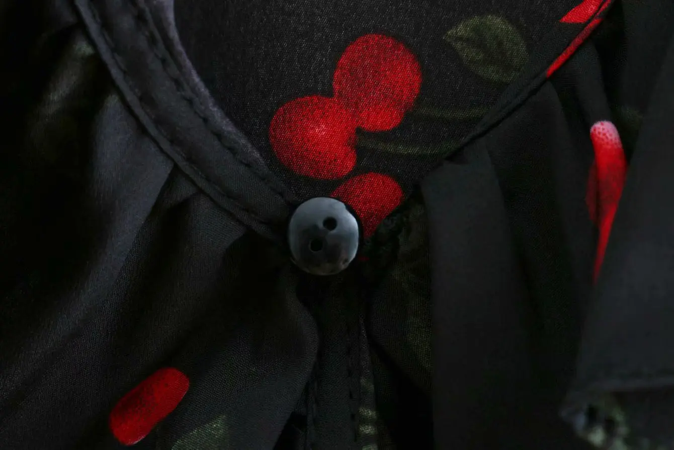 Винтажные Женские топы и блузки в богемном стиле с принтом вишни, шифоновая блузка, летняя Корейская рубашка с расклешенными рукавами и оборками, blusas mujer