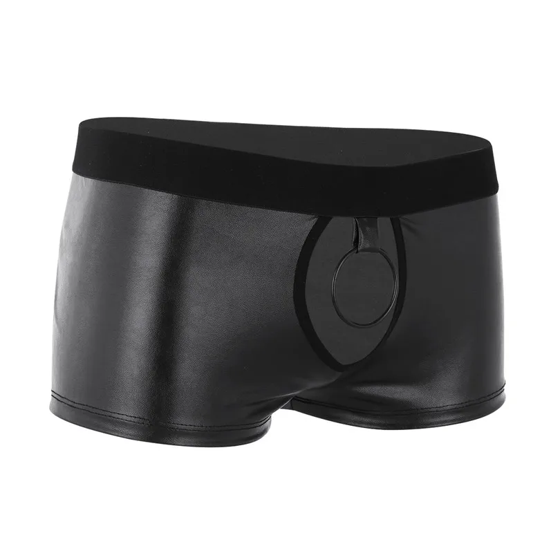 iEFiEL Sexy Gay Men Male Lingerie Soft Faux Leather Cut Out Low Rise Boxer Jockstrap Underwear Underpants with Ball Metal O-ring