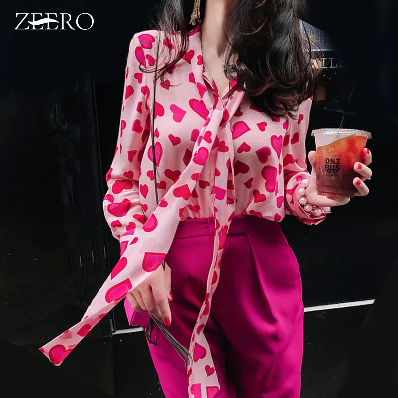 

2019 Women Vintage Pink Heart Print Long Sleeve Chiffon Blouses Ladies Sweet Shirt Bow Tie Streetwear Plus Size Casual Tops