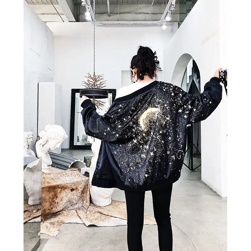 Goedkoop 2018 Vrouwen zwart bomberjack dames casual losse plus size star print bomberjack vrouwelijke ulzzang jas piloot jas Y1182