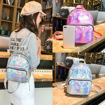 

Hot Women Fashion PU Leather Holographic Hologram Laser Metallic Color Zipper Backpack School