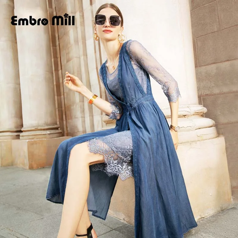 

2019 spring and summerlace The New Lace dress +Thin section Denim dress woman Beautiful romantic Dress set S-XL