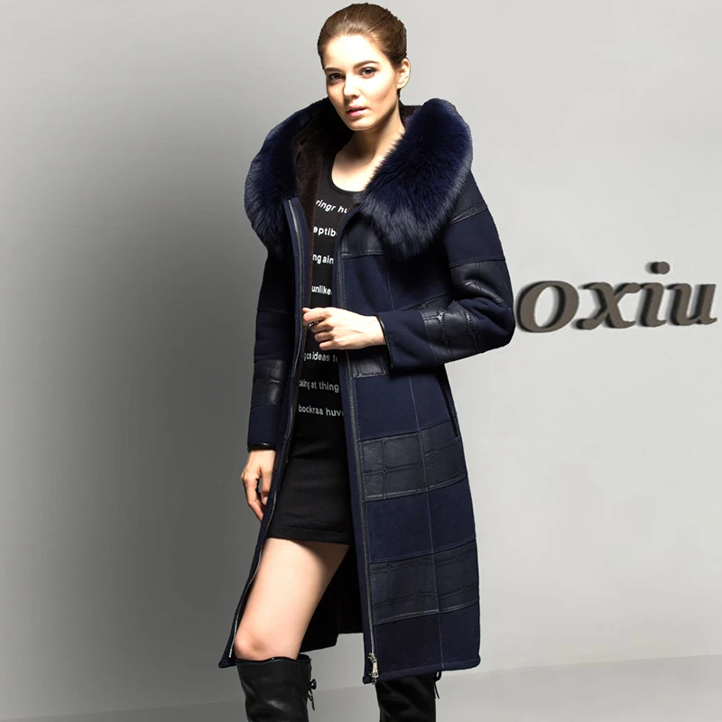 Куртка из натуральной кожи с натуральным мехом, Женская куртка из овчины, зимняя женская куртка,, Лисий мех, с капюшоном, корейское длинное пальто, ZT543 - Цвет: black