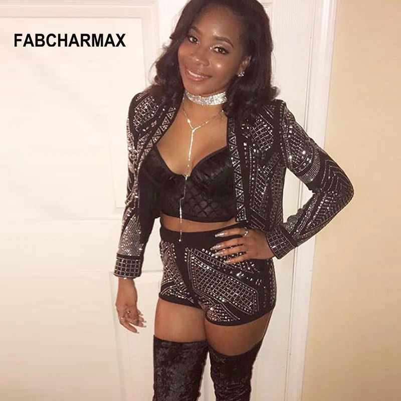 

New fashion women rhinestone two piece set crop top chic geometric diamonds 2 piece suit jacket sexy shorts feminino runway set