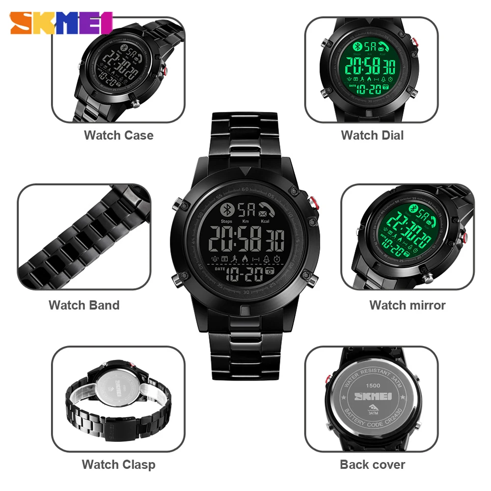 SKMEI Smart Bluetooth Men's Watch Pedometer Calorie Fitness Clock Digital Heart Rate Sleep Wristwatch Monitor reloj inteligente