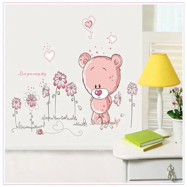 Us 2 37 30 Off Cute Pink Cartoon Animal Love Bear Flower Baby Children Bedroom Room Decor Wall Stickers Kids Nursery Decal Sticker Girl Gift In Wall