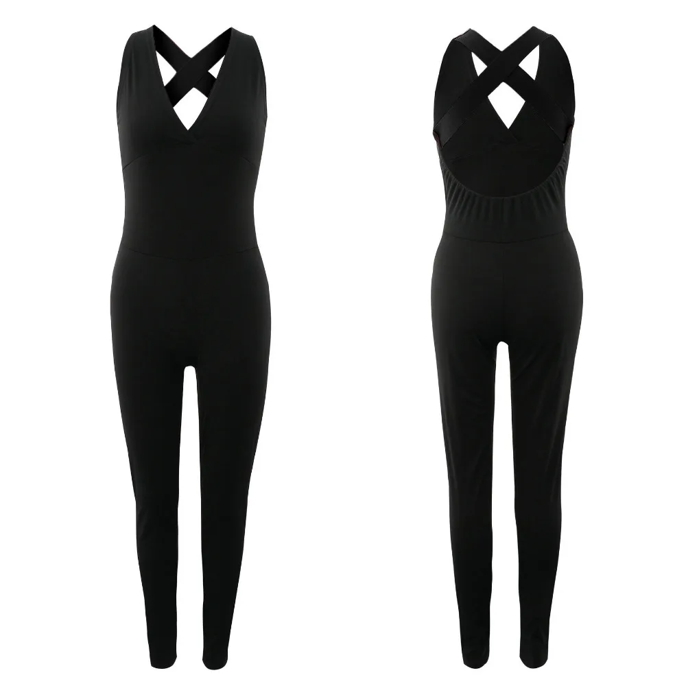 Цельный комплект одежды для йоги, черный комбинезон с глубоким v-образным вырезом для женщин, женский комбинезон для фитнеса, тренажерного зала, бега
