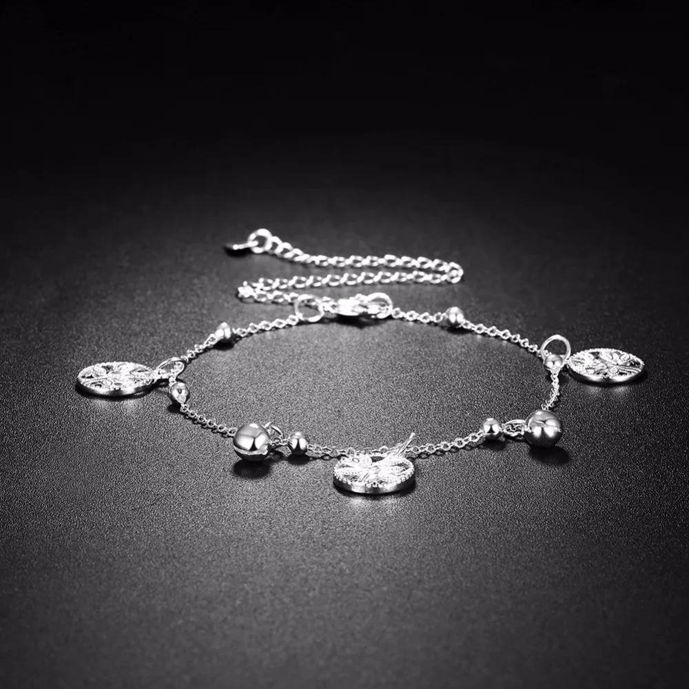 Мода Древо жизни, полый браслет с цепочкой, Настоящее серебро 925 пробы, браслет на лодыжку, ювелирные изделия для женщин, для пляжа, босиком
