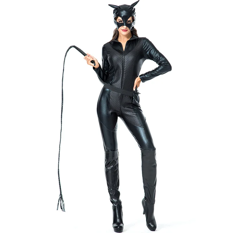 Новые пикантные кошачий Для женщин костюм Для женщин Искусственная кожа костюм Бэтмена, Косплей Черный комбинезон из латекса с котом на Хеллоуин Для женщин костюм