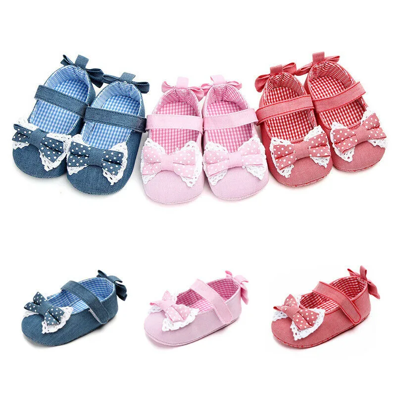 

2019 New Stylish Newborn Baby Girls Blue Pink Red Casual Polka Dot Bowknot Cute Plaid Casual Shoes Princess Shoes one pairs