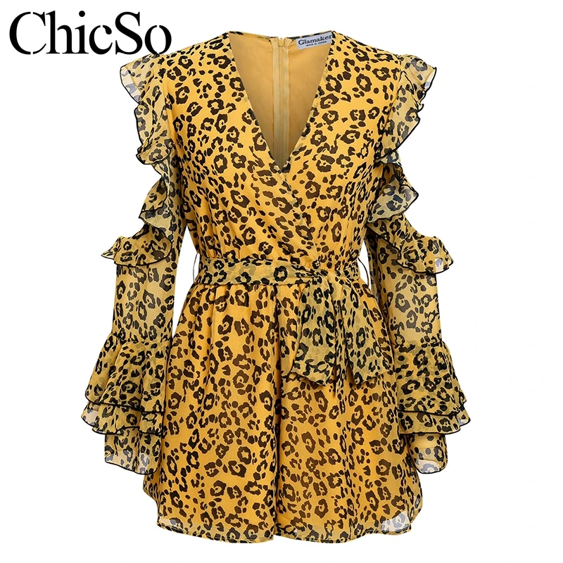 Missychilli Leopard print chiffon women playsuit Off shoulder V neck lace up romper Flare Sleeve party summer holiday jumpsuit