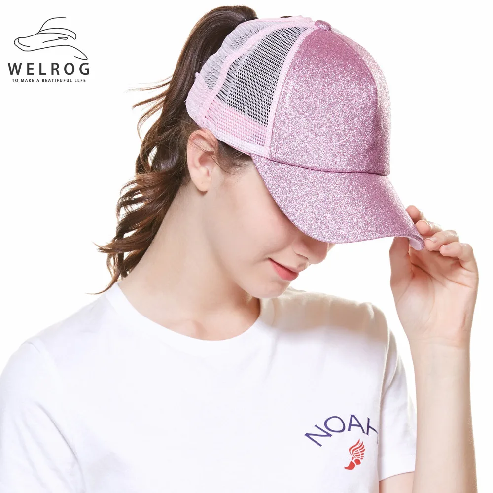 WELROG Women Shiny Sequins Ponytail Baseball Cap Summer Mesh Breathable Snapback Caps Outdoor