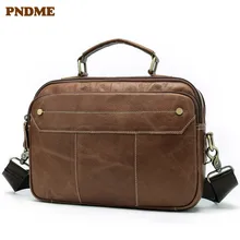PNDME summer simple high quality genuine leather men's briefcase multi function business casual handmade handbag computer bag
