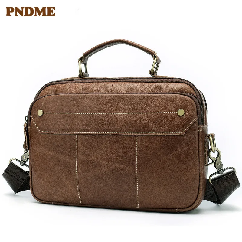 

PNDME summer simple high quality genuine leather men's briefcase multi function business casual handmade handbag computer bag