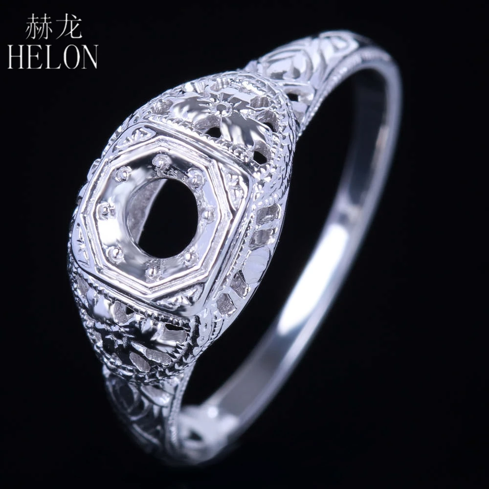 

HELON Round 4mm Vintage Antique Solid 14K White Gold Semi Mount Solitaire Engagement Wedding Ring Art Deco Women's Jewelry Ring