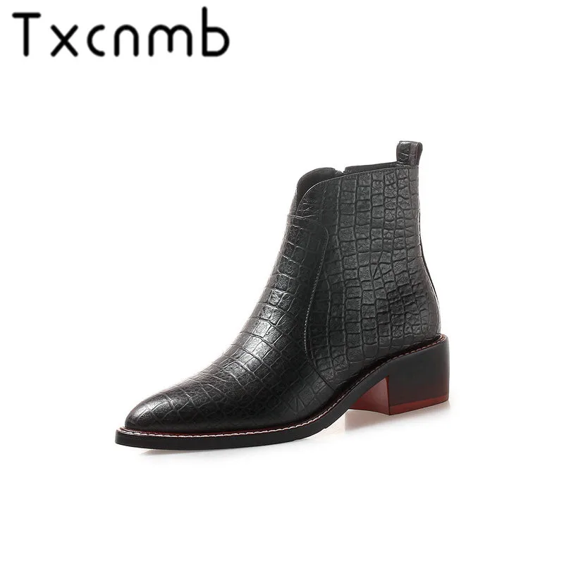 

TXCNMB Black Square Heels Women Ankle Boots Genuine Leather Ladies Boots Shoes Woman for Autumn Rubber Boots Size 41 42