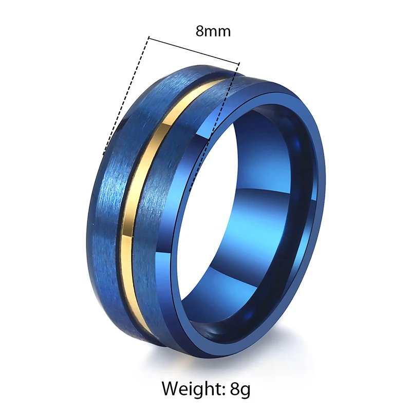8 мм матовая поверхность мужское кольцо Золотая/синяя линия нержавеющая сталь обручальные кольца Подарок на годовщину для мужчин Классические мужские ювелирные изделия KRM46