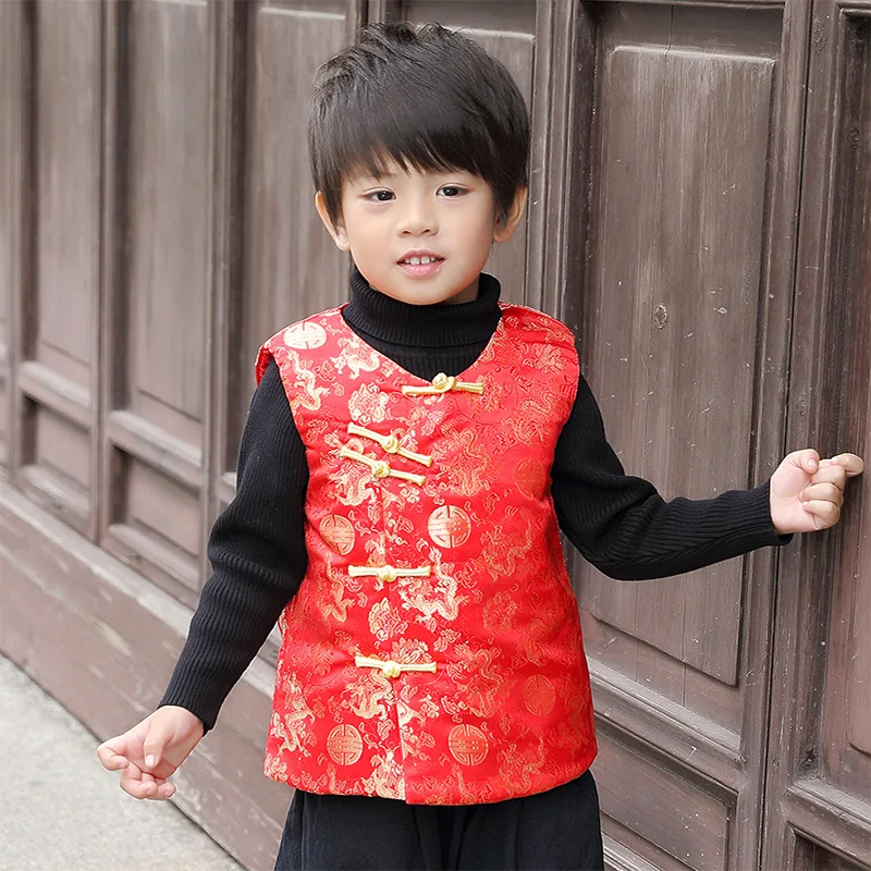 Children Boy Cotton Vest Baby Birthday Tang Suit Clothing Traditional Chinese New Year Costume Party Dresses Red Qipao Tops Kids