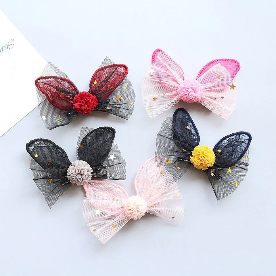 

Girls' Cute Lace Bow Bunny Ear Bunny Hair Clip All Lined Alligator Star Lace Ball Pompom Hairpin Barrettes HC093