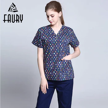 

2018 New Design Women V-neck Print Nurse Uniforms Doctors Medical Sets Clothes Scrubs Hospital Pharmacy Work Wear Tops Pants XXL